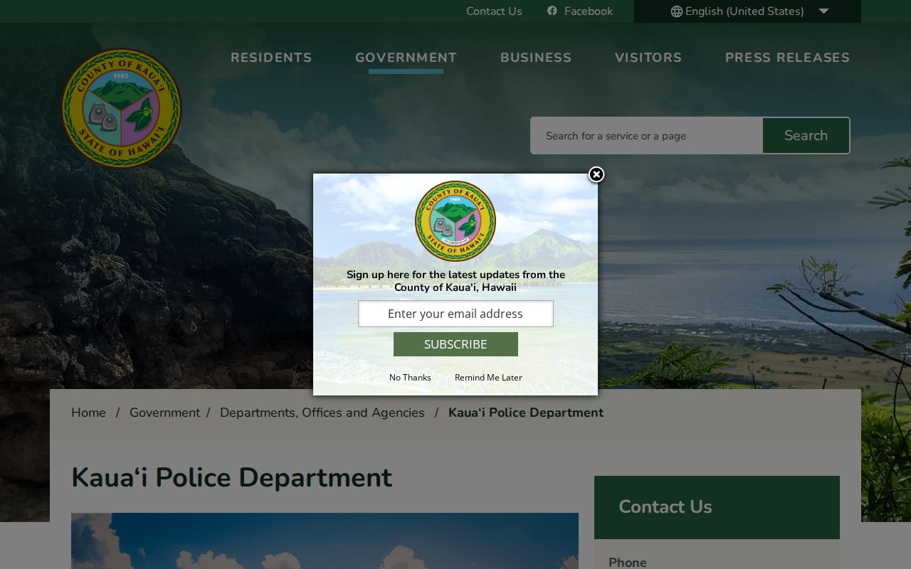 Official Kaua‘i Police Department webpage identifying the county law enforcement agency