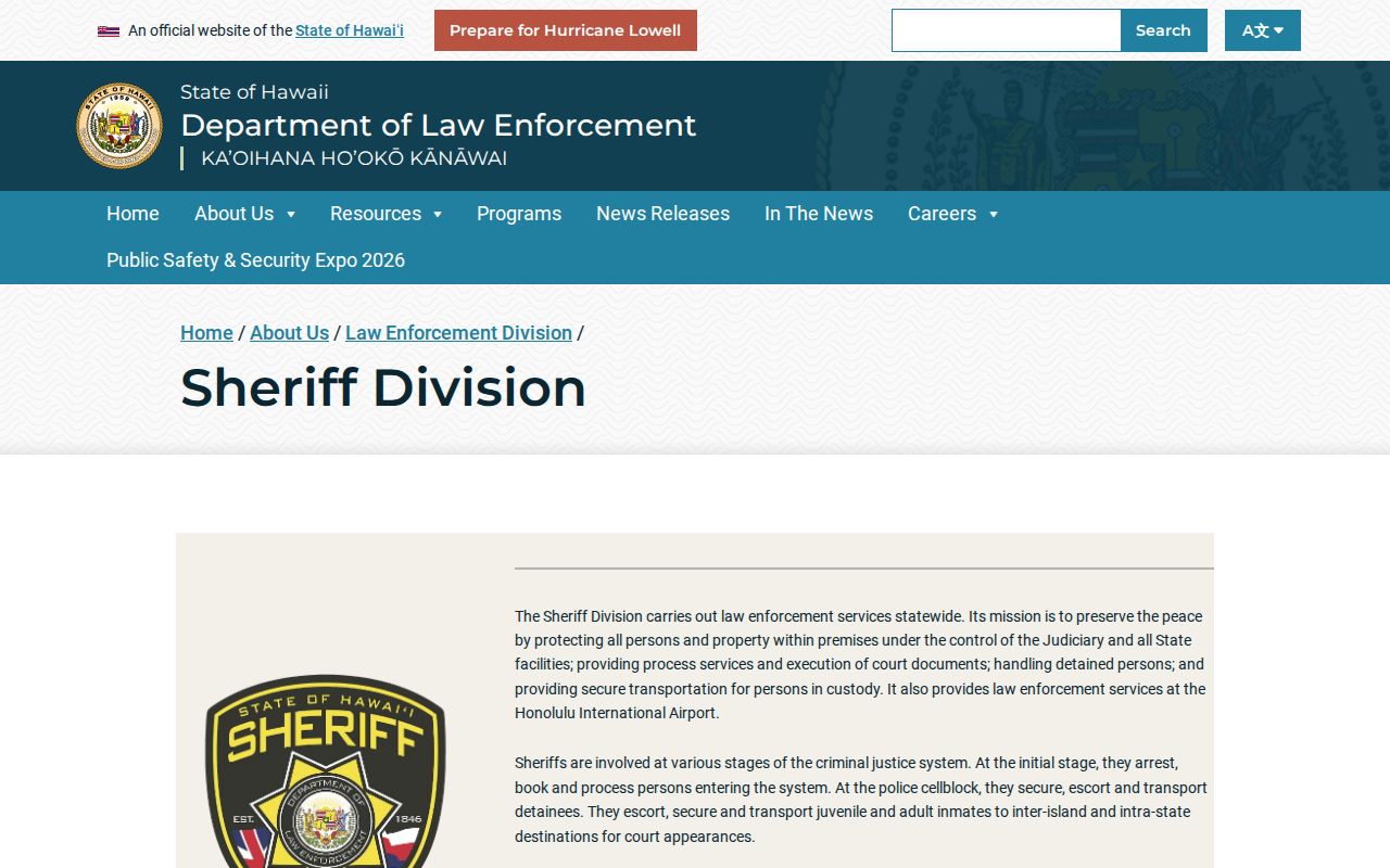 Hawaii Sheriff Division official warrant service information
