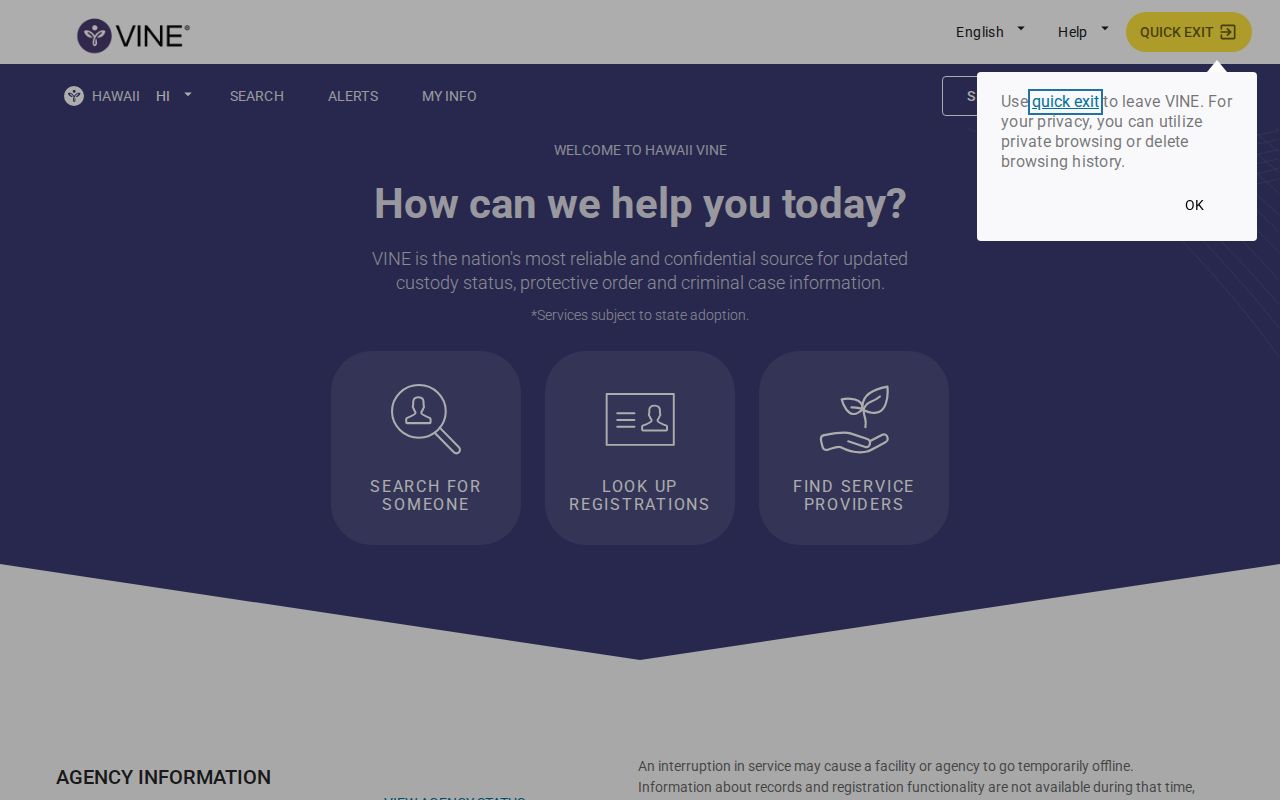 VINELink Hawaii custody search interface with no personal details entered