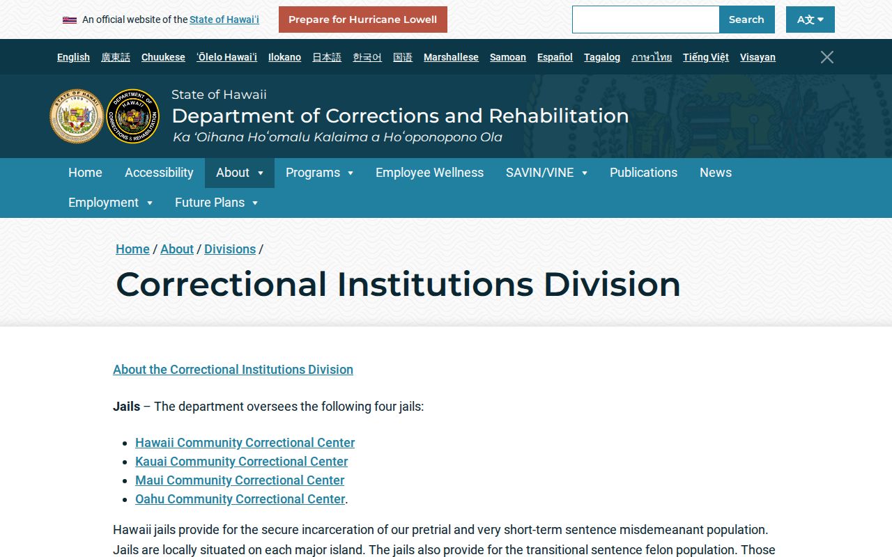 Hawaii DCR Corrections Division page explaining state jail custody
