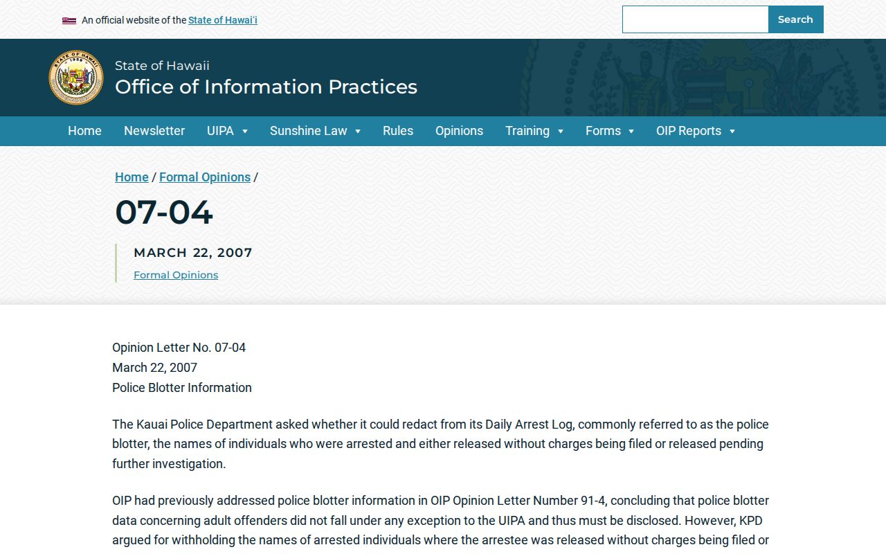 Hawaii OIP opinion on Kauai police blotter records