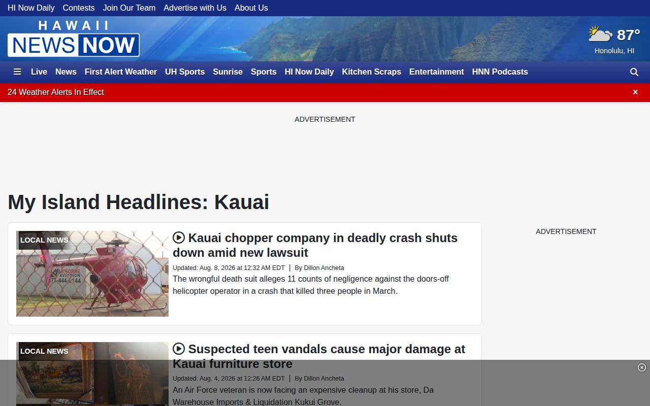 Hawaii News Now Kauai local news landing page